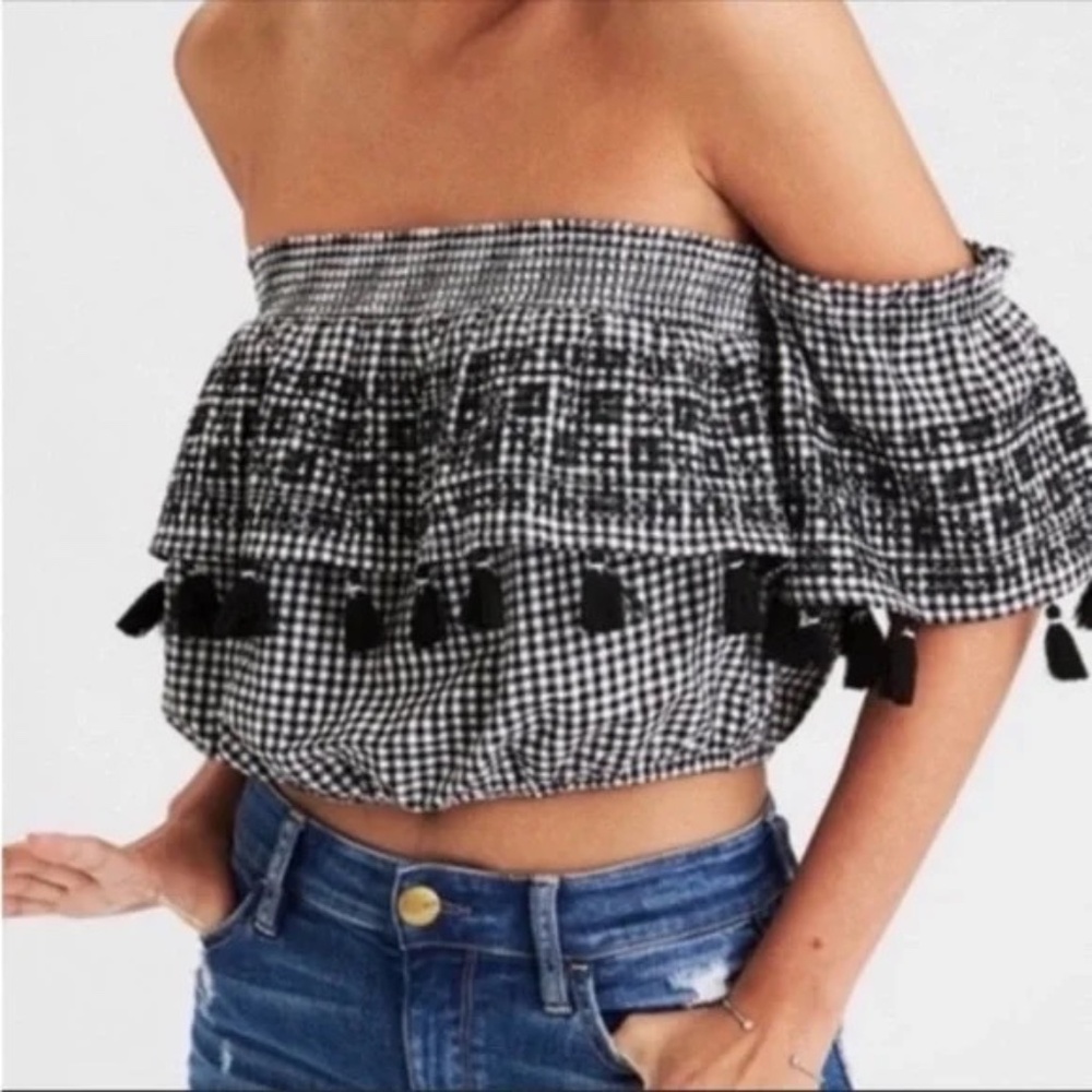 American Eagle Tassel Festival Crop Top Strapless - Black & White Large